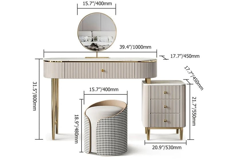 Marble Top Vanity Set with 1 Stool, 1 Cabinet and 1 Mirror