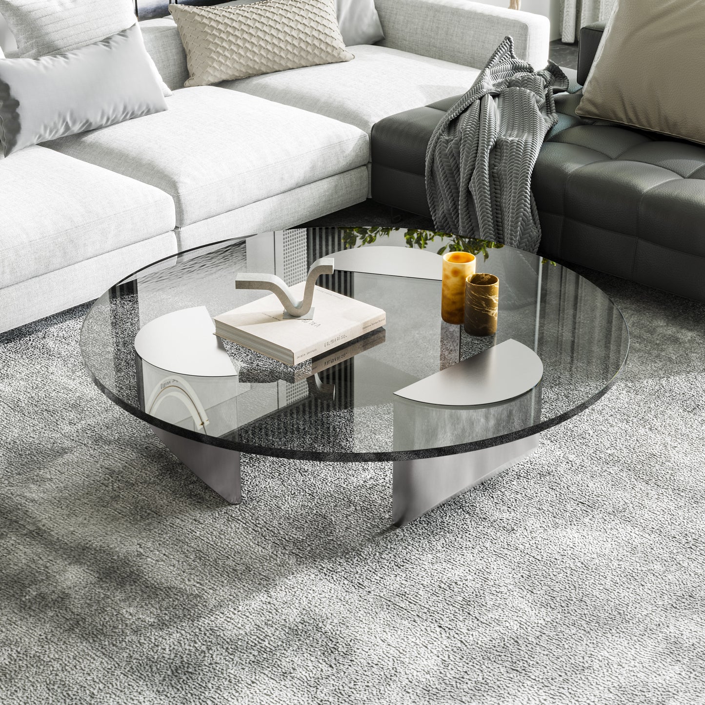 Vintage Round Wedge Coffee Glass Table Minimalist Tea Table Heavy Duty Polished Steel Legs for Living Room Home Office