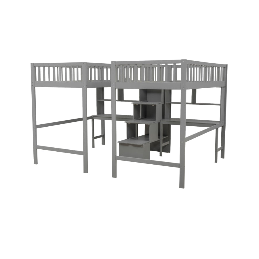 Graues Hochbett mit 2 integrierten Schreibtischen und Regalen sowie einer Treppe mit Stauraum