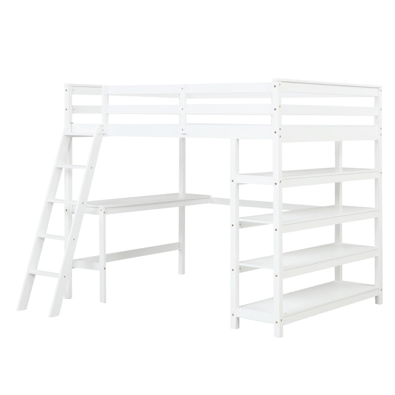 Weißes Twin-Hochbett mit Schreibtisch, Leiter und Regalen