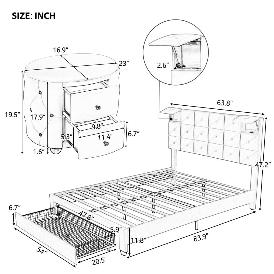 3-teiliges Schlafzimmer-Polsterset im Queen-Size-Format mit zwei kabellosen Ladegeräten, zwei bewegungsaktivierten Nachtlichtern und zwei Nachttischen