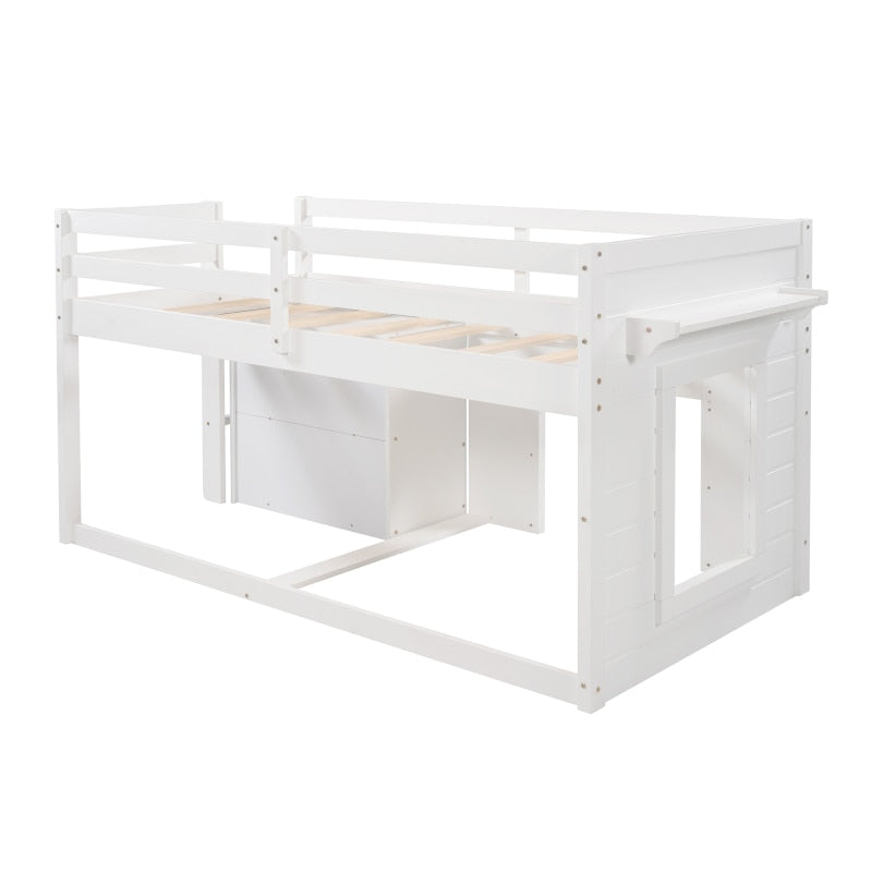 Twin-Size-Hochbett mit Schrank und Regal – Weiß