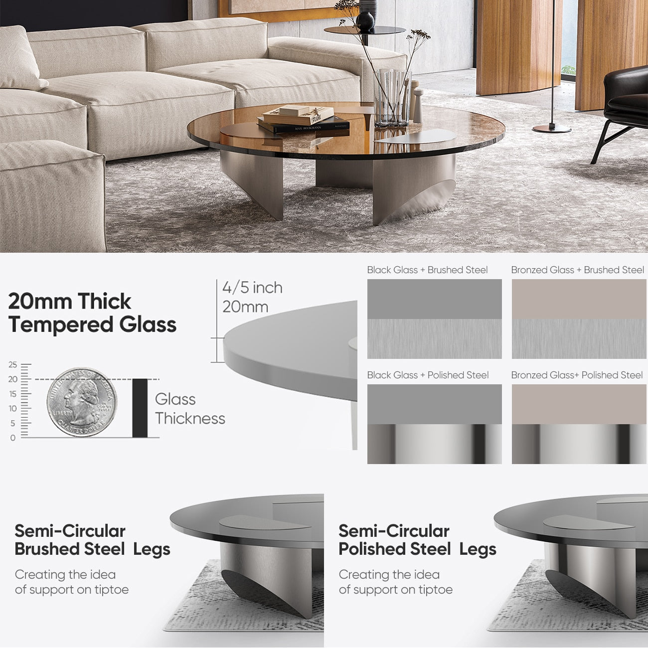 Vintage Round Wedge Coffee Glass Table Minimalist Tea Table Heavy Duty Polished Steel Legs for Living Room Home Office