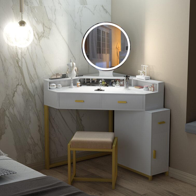 Corner Vanity Set with Lighted Mirror and stool