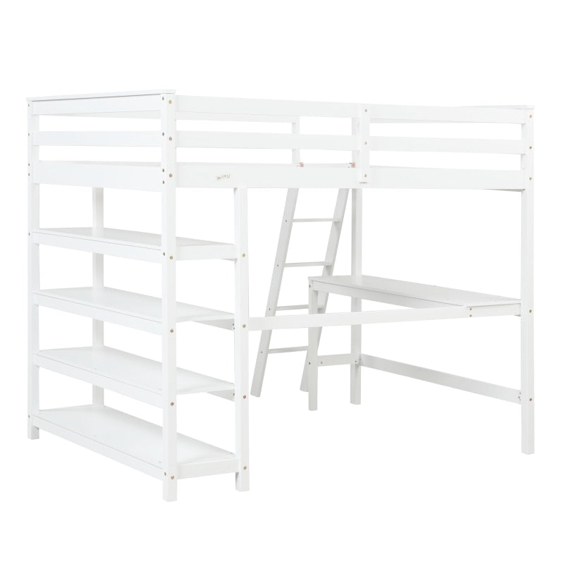 Weißes Twin-Hochbett mit Schreibtisch, Leiter und Regalen