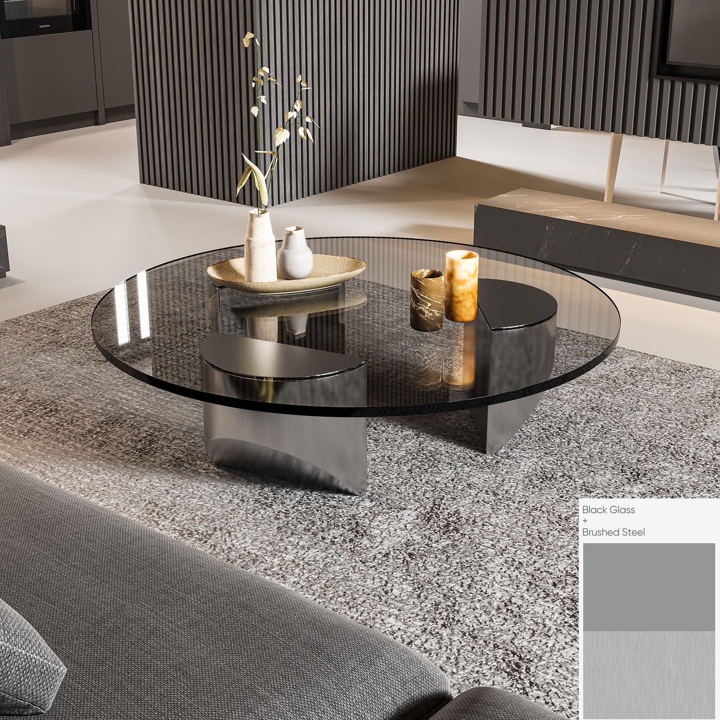 Vintage Round Wedge Coffee Glass Table Minimalist Tea Table Heavy Duty Polished Steel Legs for Living Room Home Office