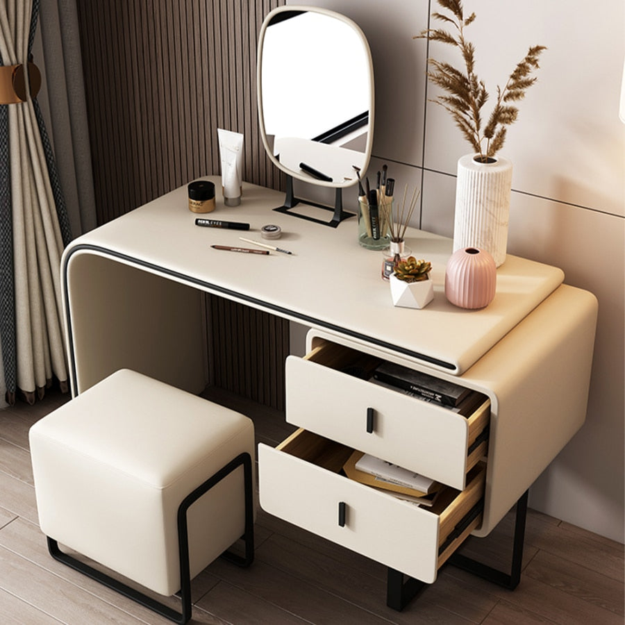 Modern Vanity Table, 2 Drawers, Mirror And Stool