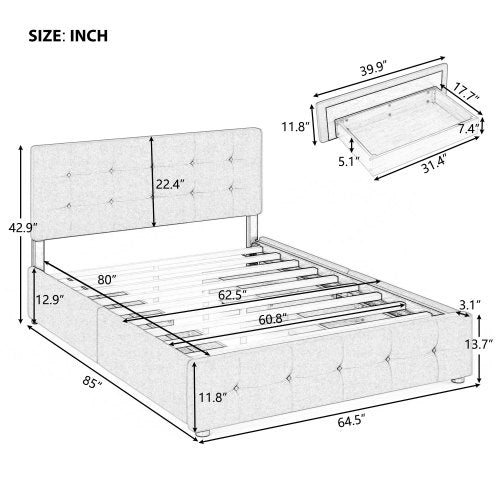 Upholstered Platform Bed With 4 Drawers Linen Fabric Queen Size