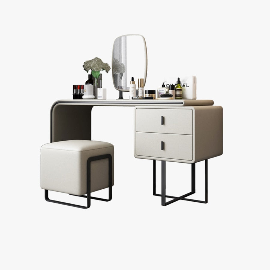 Modern Vanity Table, 2 Drawers, Mirror And Stool