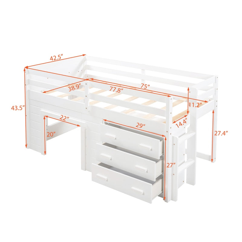 Twin-Size-Hochbett mit Schrank und Regal – Weiß