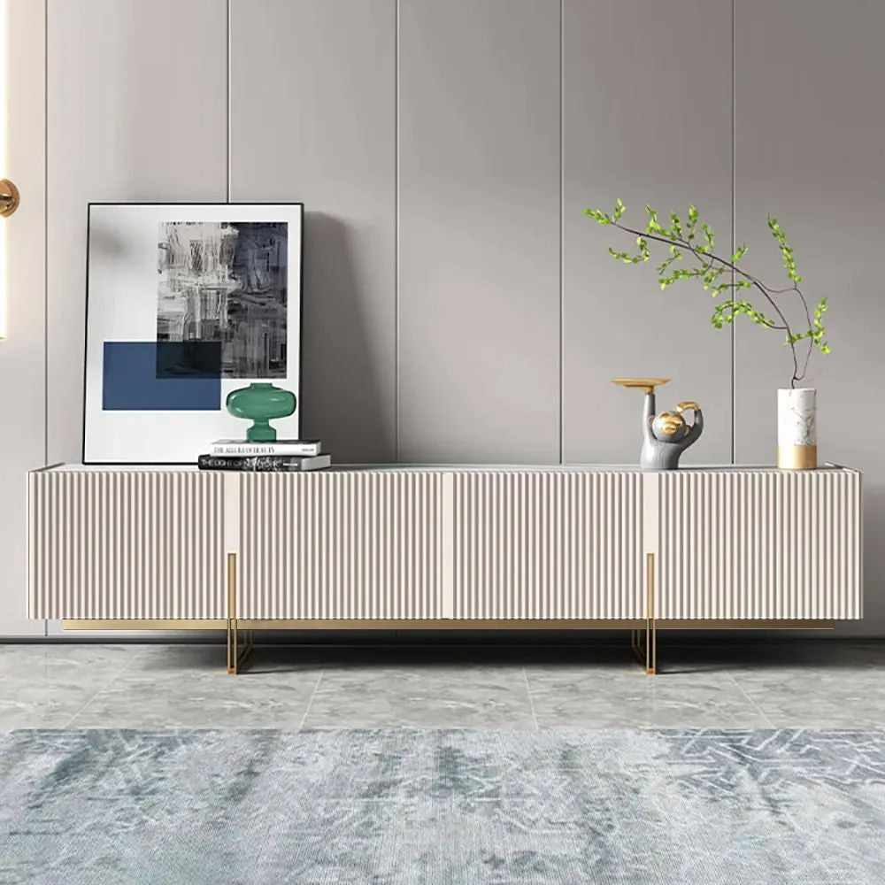 Off-White TV-Ständer aus gesintertem Stein, 4 Türen, 6 Regale