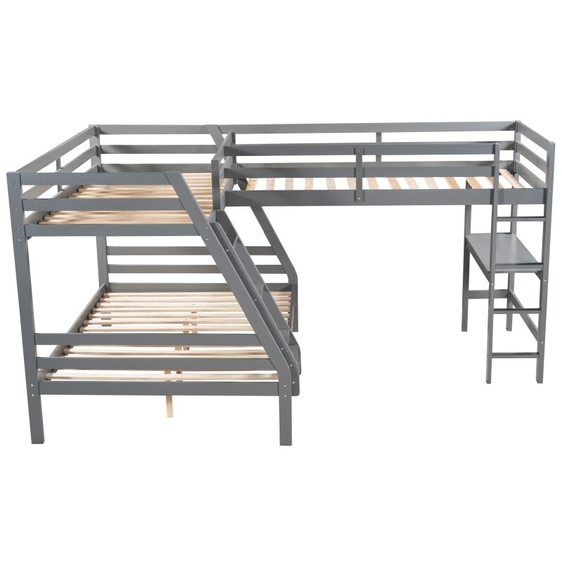 L-Shaped Twin over Full Bunk Bed and Twin Size Loft Bed with Built-in Desk