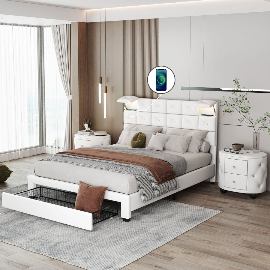 3-teiliges Schlafzimmer-Polsterset im Queen-Size-Format mit zwei kabellosen Ladegeräten, zwei bewegungsaktivierten Nachtlichtern und zwei Nachttischen