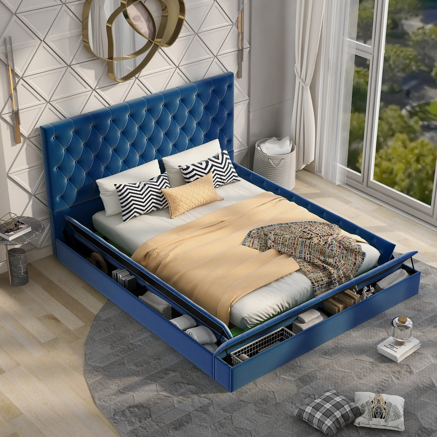 Plattformbett mit Stauraum auf beiden Seiten und Fußteil