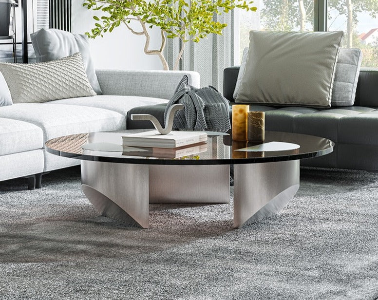 Vintage Round Wedge Coffee Glass Table Minimalist Tea Table Heavy Duty Polished Steel Legs for Living Room Home Office
