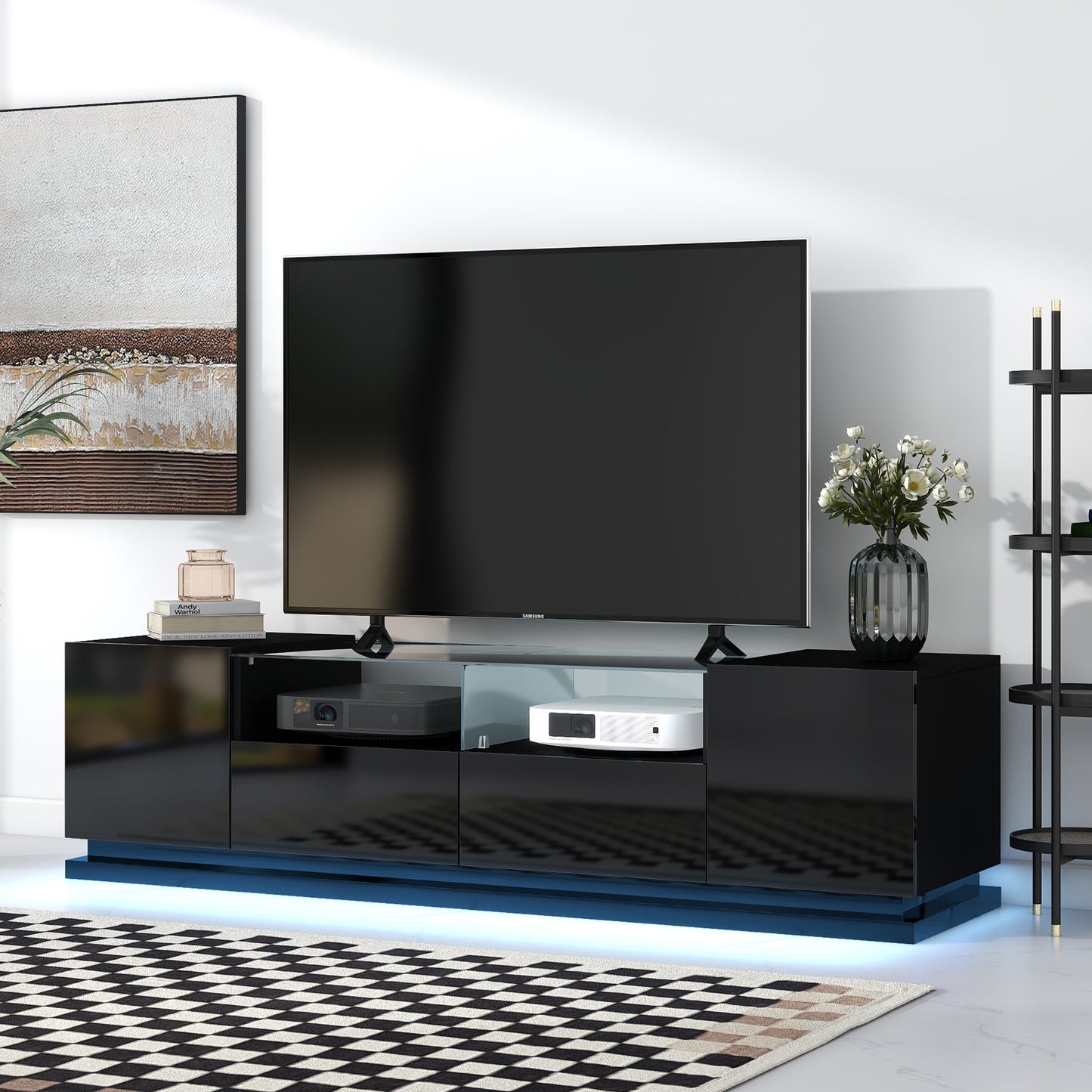 TV-Ständer mit zwei Medienfächern und LED-Licht