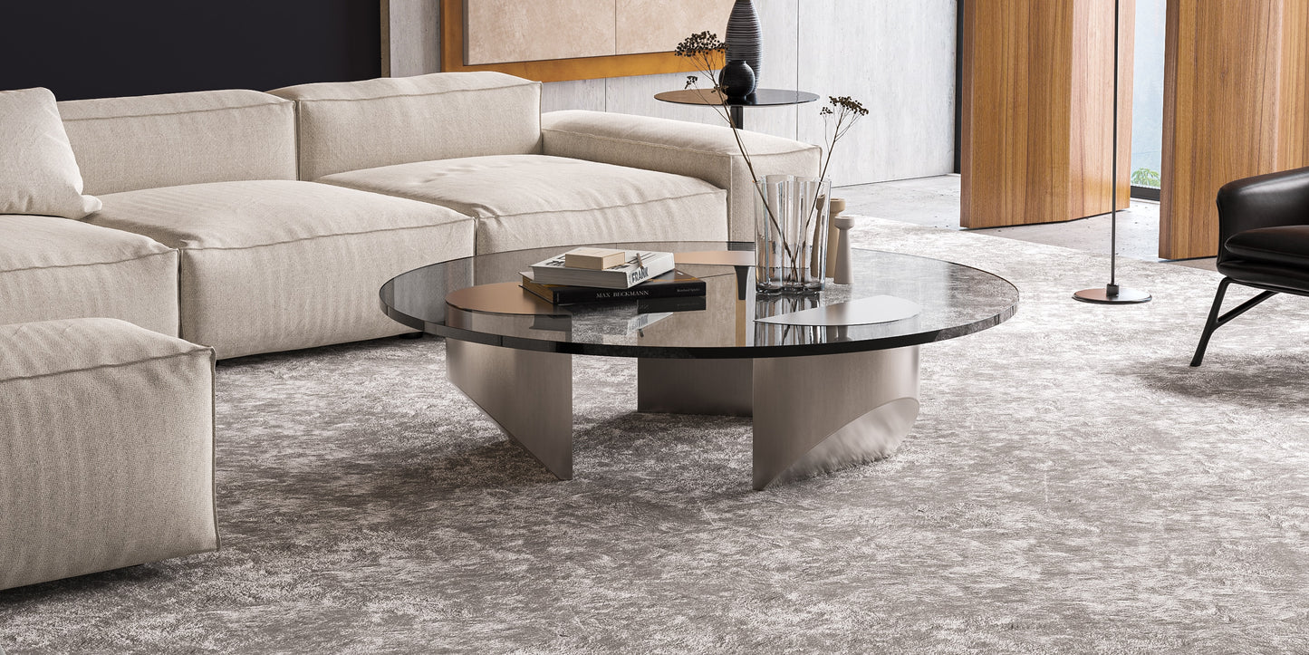 Vintage Round Wedge Coffee Glass Table Minimalist Tea Table Heavy Duty Polished Steel Legs for Living Room Home Office