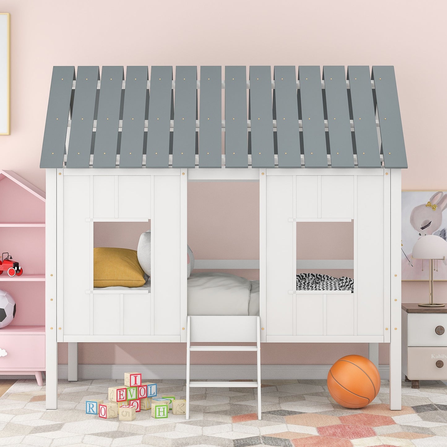 Twin-Loft-Hausbettgestell mit Dach und zwei Vorderfenstern