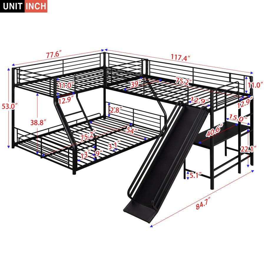 L-förmiges Twin-Over-Etagenbett mit Twin-Size-Hochbett, eingebautem Schreibtisch und Rutsche