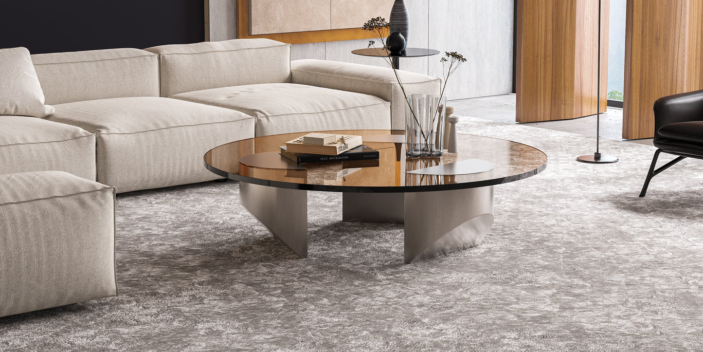 Vintage Round Wedge Coffee Glass Table Minimalist Tea Table Heavy Duty Polished Steel Legs for Living Room Home Office