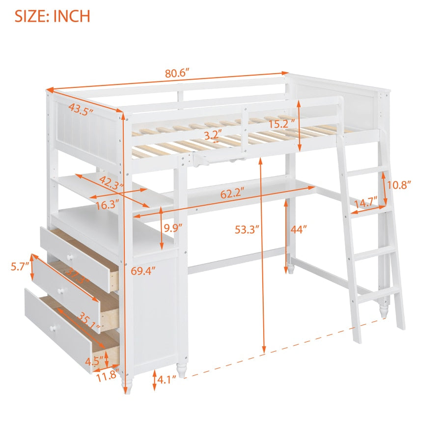 Twin-Size-Hochbett mit Schubladen und Schreibtisch