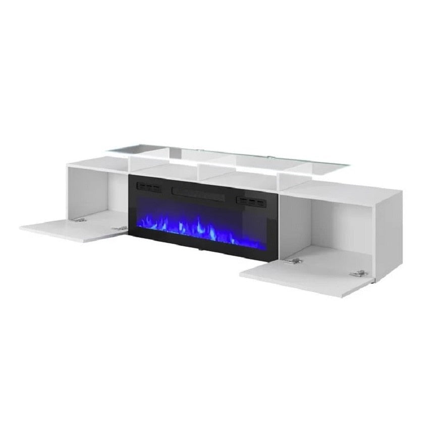 Wood Style: Solid Wood
Type: Living Room Furniture
Specific Use: TV Stand
Material: Wooden
Appearance: Modern Style
Description
Modern TV stand / TV console / TV cabinet / central entertainment center. High gloss fronts with matte body electric fireplace insert included with glass fronts, remote control, and on/off control, 3 changeable flame colors, temperature control, timer setting, and dimmer 16 colors LED light system included with color control and on/off remote . Modern and unique contemporary