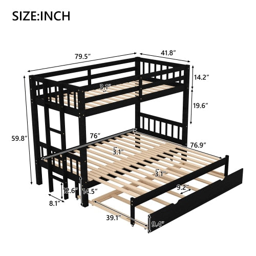 Espresso-Doppelbett über Etagenbett mit Ausziehbett