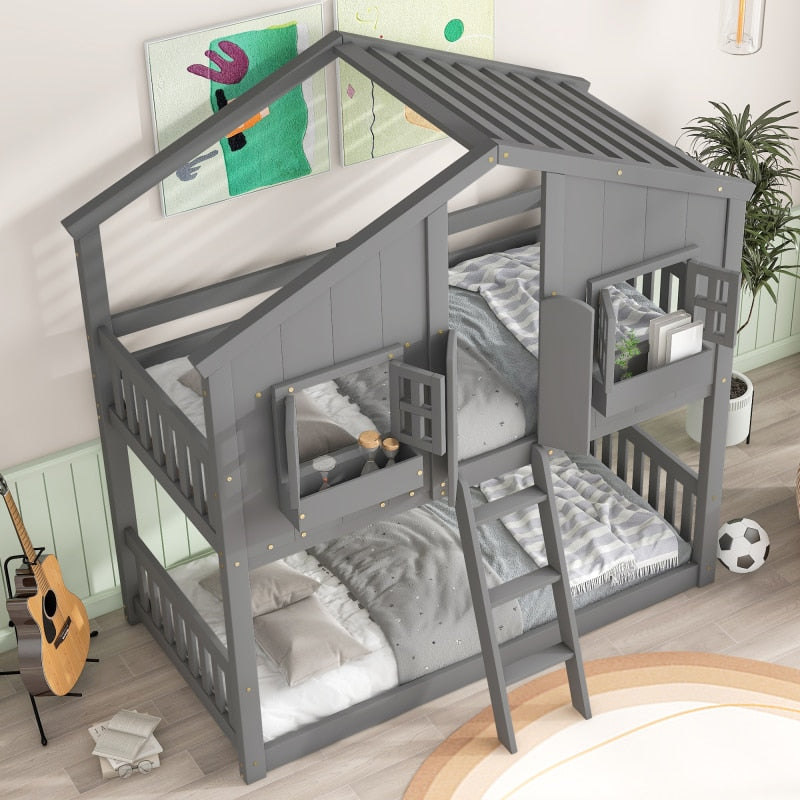 Graues Twin-over-Twin-House-Etagenbett mit Dach, Fenster, Blumenkasten, Türdesigns, mit Sicherheitsgeländer und Leiter