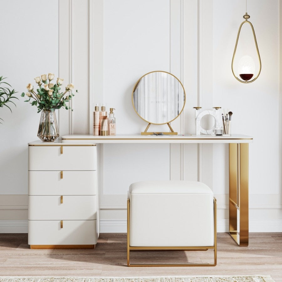 Vanity with 4 Drawers, Mirror and Stool