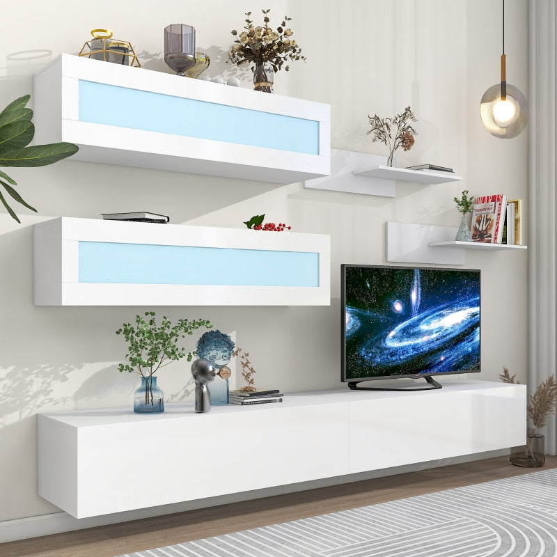 Wandmontierter schwebender TV-Ständer mit vier Medienschränken + zwei Regalen + LED-Leuchten