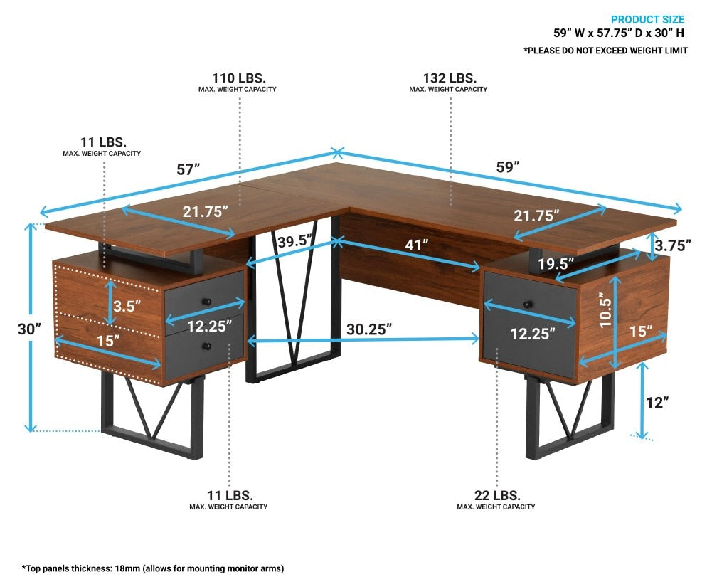 Walnut L-Shape Computer Desk with Drawers and File Cabinet