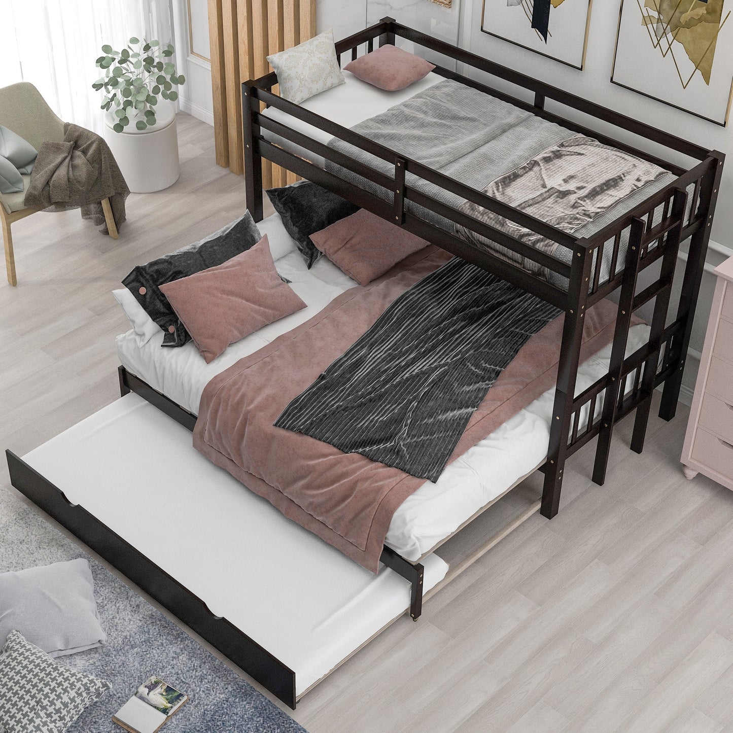 Espresso-Doppelbett über Etagenbett mit Ausziehbett
