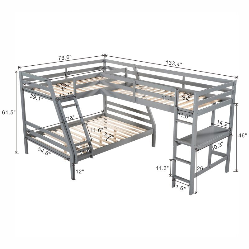 L-Shaped Twin over Full Bunk Bed and Twin Size Loft Bed with Built-in Desk