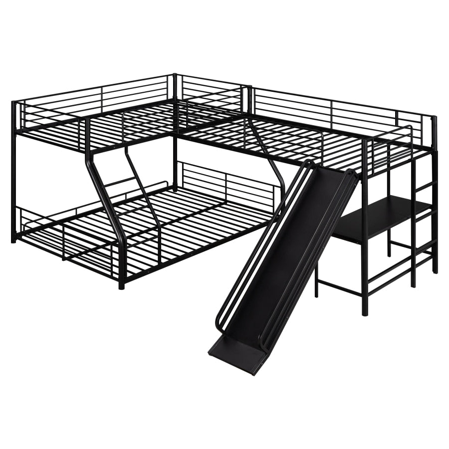L-förmiges Twin-Over-Etagenbett mit Twin-Size-Hochbett, eingebautem Schreibtisch und Rutsche