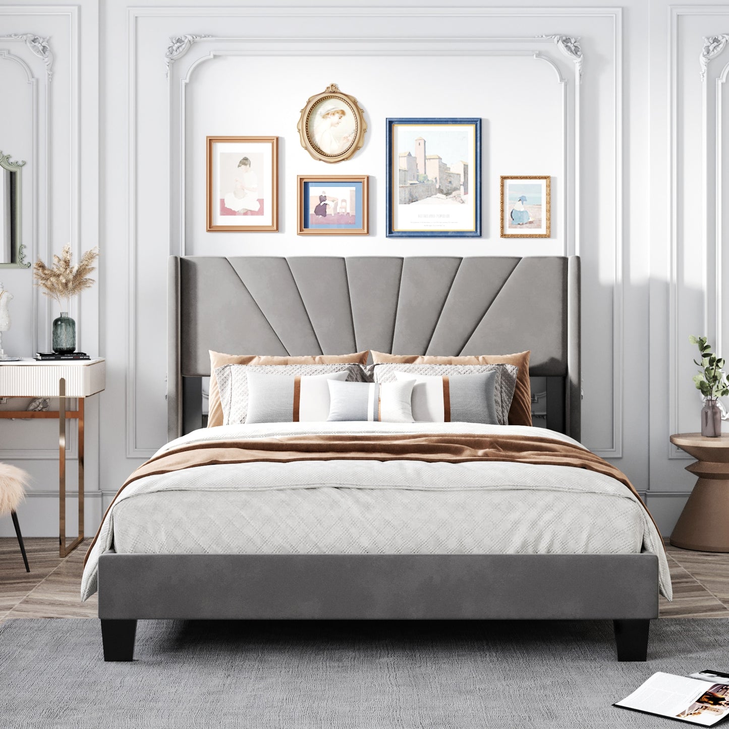 Queen-Size-Plattformbett mit Samtpolsterung