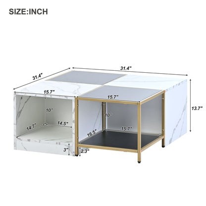 2-Layer Modern Coffee Table with Metal Frame + White Marble Finish