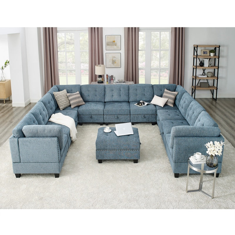 Navy Blue U Shaped Sectional Sofa + Ottoman