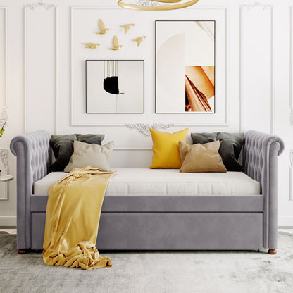 Grau gepolstertes Twin-Tagesbett + Rollbett