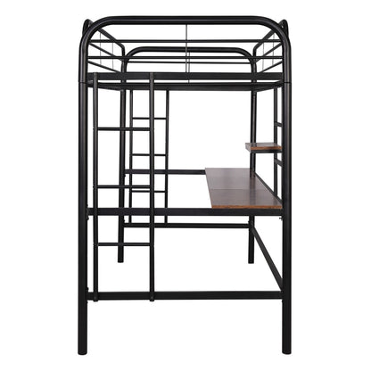 Hochbett aus Metall mit Schreibtisch und Regal