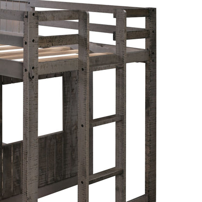 Vollständiges Etagenbett aus Holz mit Dach, Fenster, Geländer und Leiter