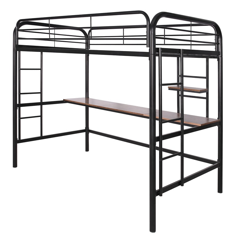 Hochbett aus Metall mit Schreibtisch und Regal