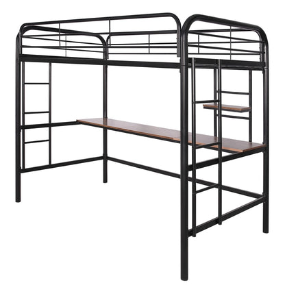 Hochbett aus Metall mit Schreibtisch und Regal