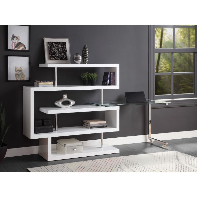 White Rotating Desk w/Shelf, Clear Glass