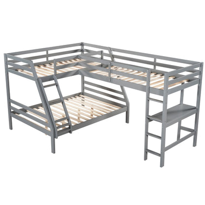L-Shaped Twin over Full Bunk Bed and Twin Size Loft Bed with Built-in Desk