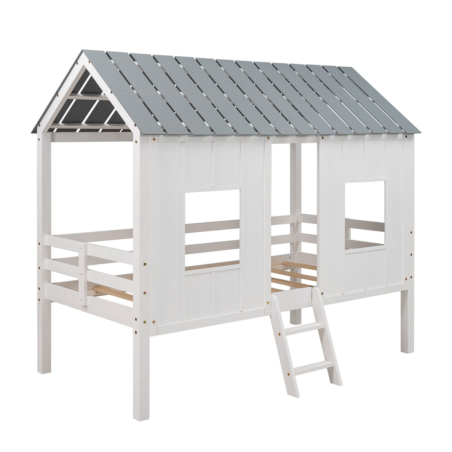 Twin-Loft-Hausbettgestell mit Dach und zwei Vorderfenstern