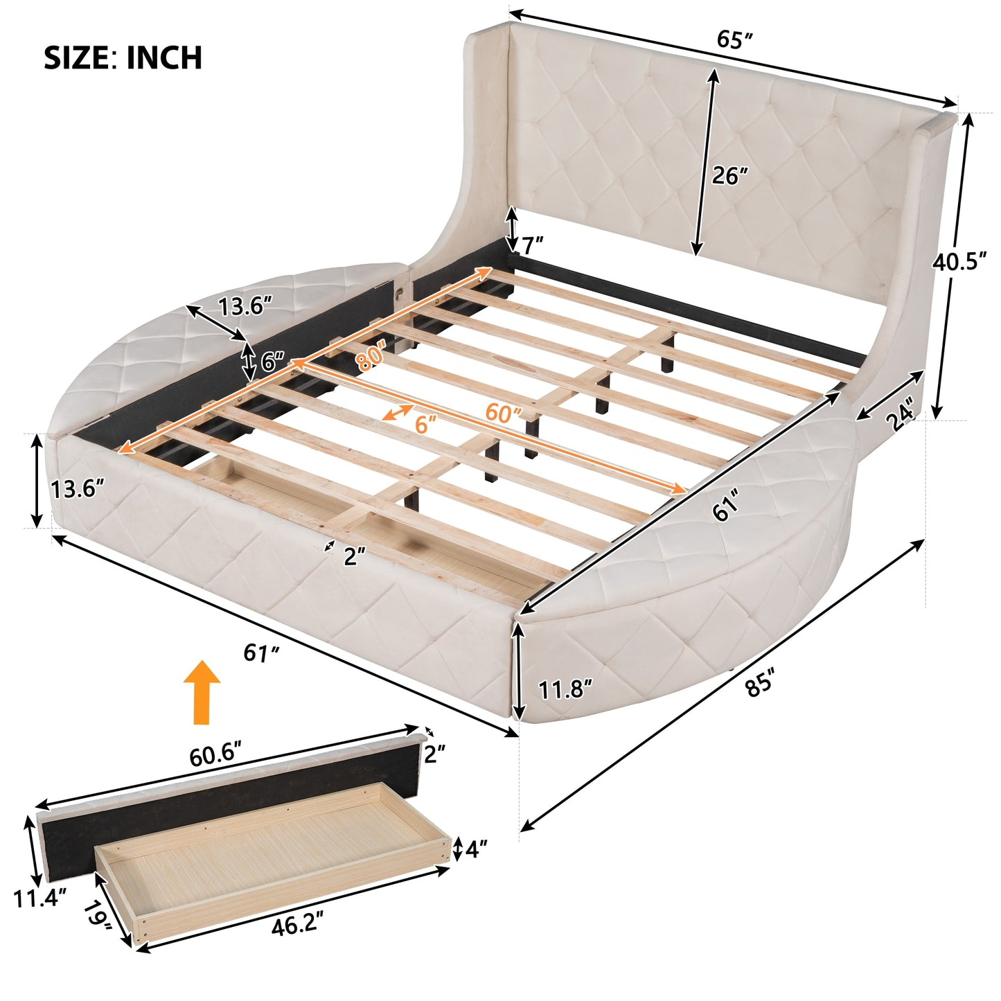 Queen Size Upholstered Platform Storage Velvet Bed