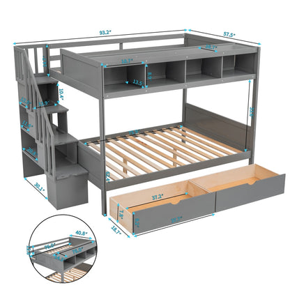 Graues Einzel-Etagenbett mit Regalen, Stauraumtreppe und 2 Schubladen