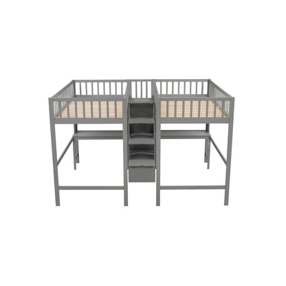 Graues Hochbett mit 2 integrierten Schreibtischen und Regalen sowie einer Treppe mit Stauraum