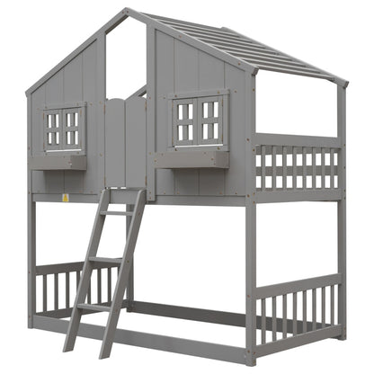 Graues Twin-over-Twin-House-Etagenbett mit Dach, Fenster, Blumenkasten, Türdesigns, mit Sicherheitsgeländer und Leiter