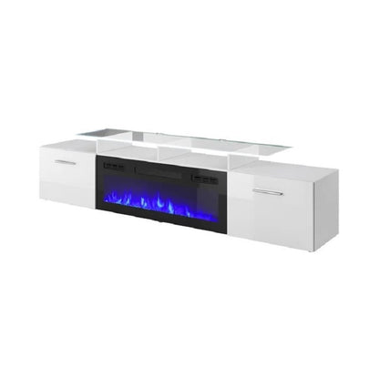 Wood Style: Solid Wood

Type: Living Room Furniture

Specific Use: TV Stand

Material: Wooden

Appearance: Modern Style

Description

Modern TV stand / TV console / TV cabinet / central entertainment center. High gloss fronts with matte body electric fireplace insert included with glass fronts, remote control, and on/off control, 3 changeable flame colors, temperature control, timer setting, and dimmer 16 colors LED light system included with color control and on/off remote . Modern and unique contemporary 